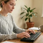 Femme tapant sur un clavier AZERTY français à son bureau pour saisir un È majuscule avec accent grave