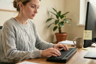 Femme tapant sur un clavier AZERTY français à son bureau pour saisir un È majuscule avec accent grave