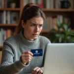 Femme frustrée tenant une carte Chapters devant son ordinateur portable en essayant d'appliquer un code de rachat