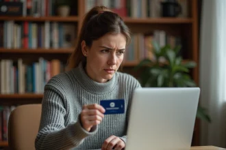 Femme frustrée tenant une carte Chapters devant son ordinateur portable en essayant d'appliquer un code de rachat