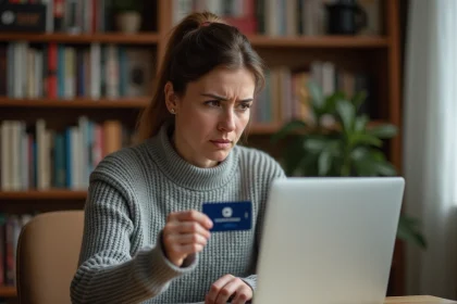 Femme frustrée tenant une carte Chapters devant son ordinateur portable en essayant d'appliquer un code de rachat