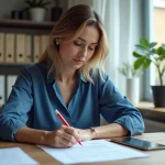 Femme concentrée à son bureau avec document et stylo