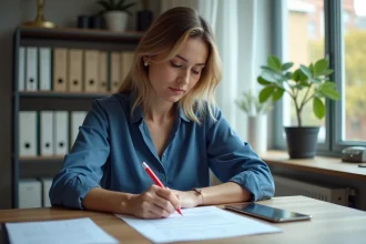 Femme concentrée à son bureau avec document et stylo