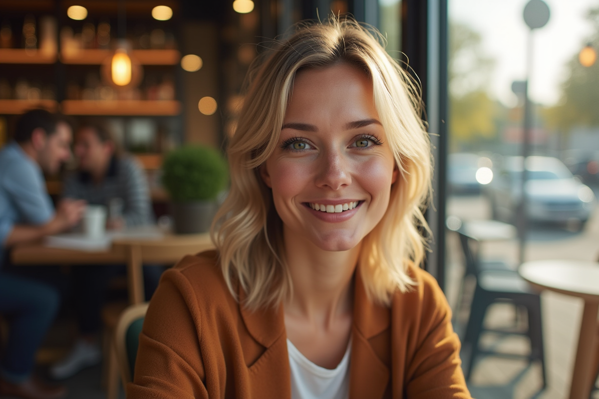 Femme confiante dans un café en ville avec lumière naturelle