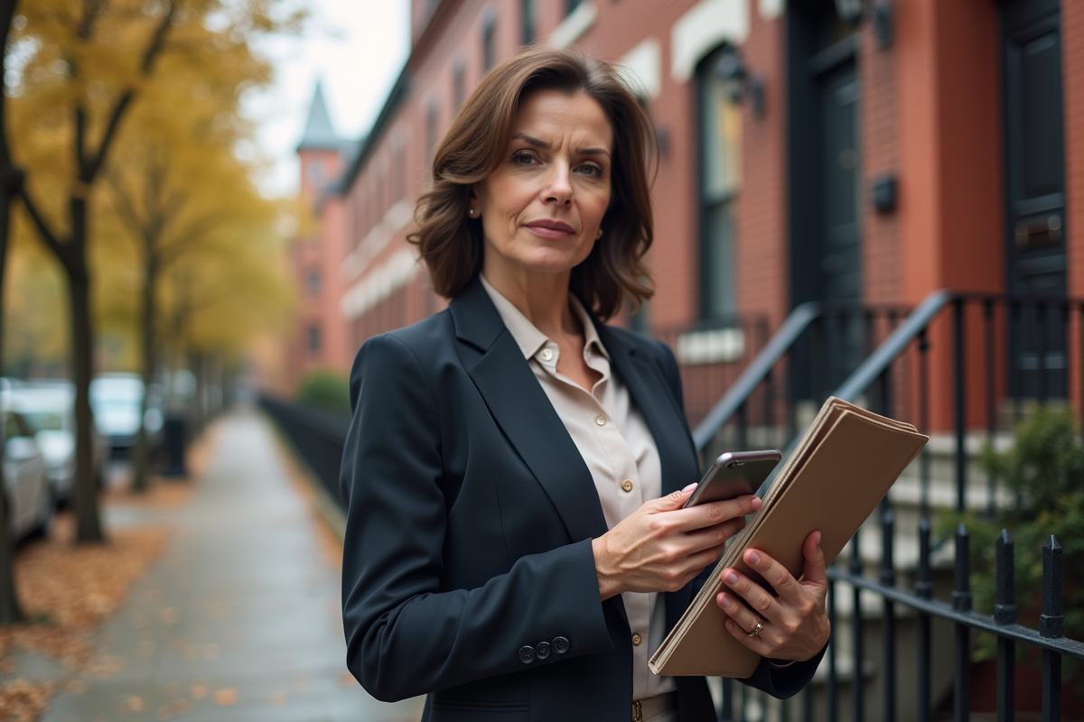 Femme en blazer devant une maison en brique en ville