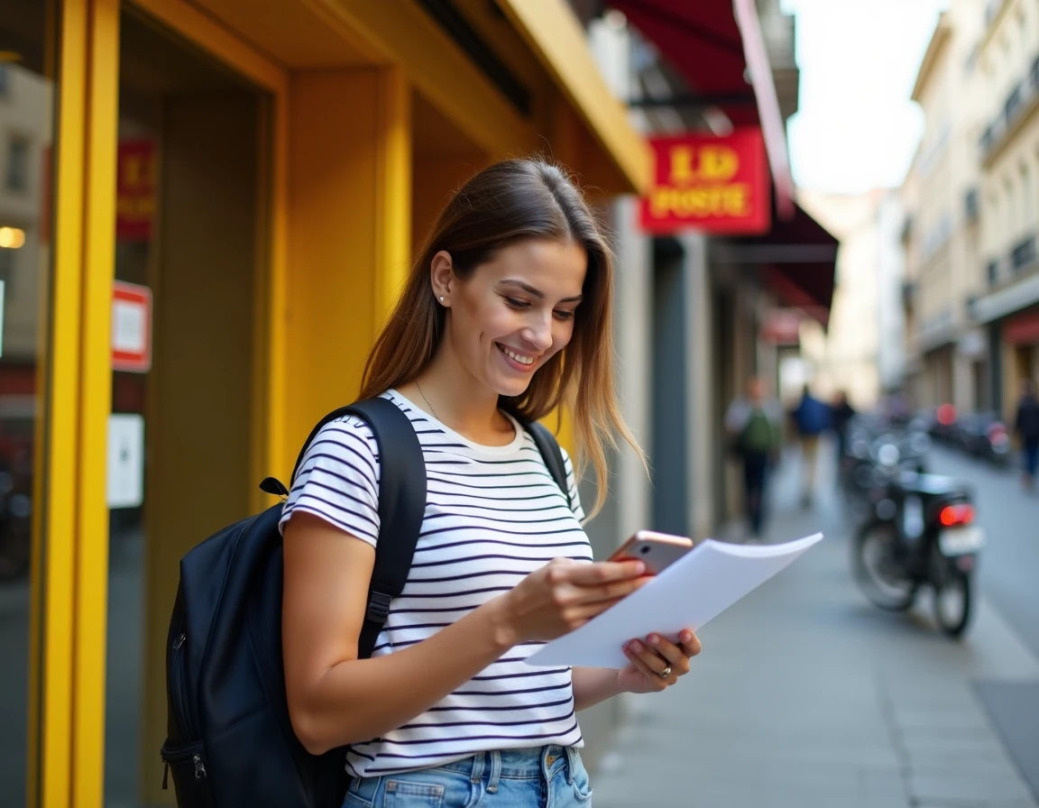 Jeune femme en déplacement récupérant ses documents imprimés devant un bureau de La Poste en ville