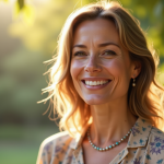 Femme souriante en plein air avec lumière douce