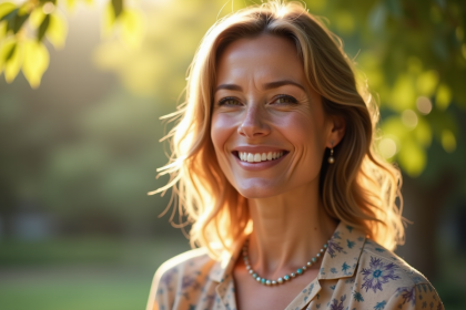 Femme souriante en plein air avec lumière douce