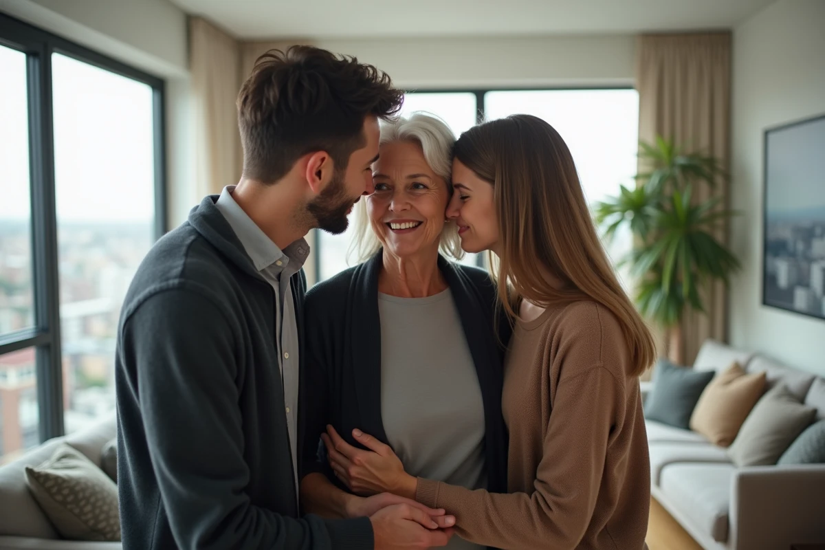 Femme âgée embrassant ses enfants dans un salon lumineux