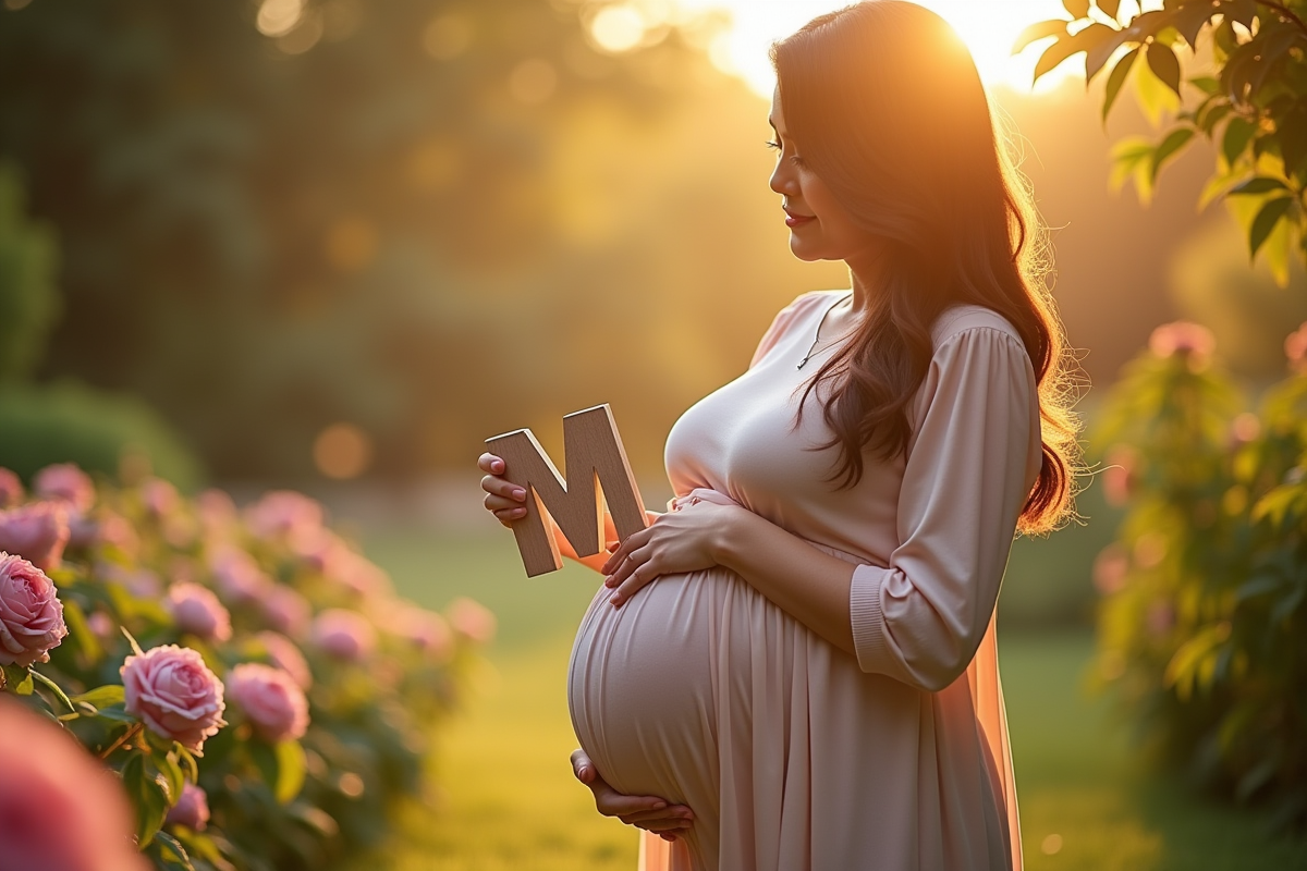 Femme enceinte dans un jardin avec un signe en forme de M