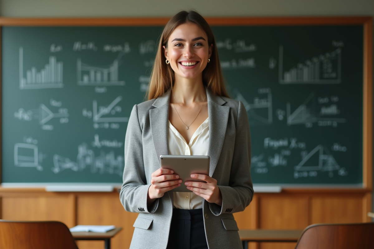 Femme confiante avec tablette devant un tableau de finance à l