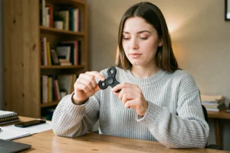 Jeune femme tenant un fidget spinner anti-stress noir entre ses doigts à son bureau à domicile