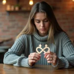 Femme contemplant deux figures entrelacées symbolisant une relation karmique de flamme jumelle dans un café