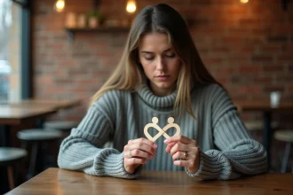 Femme contemplant deux figures entrelacées symbolisant une relation karmique de flamme jumelle dans un café
