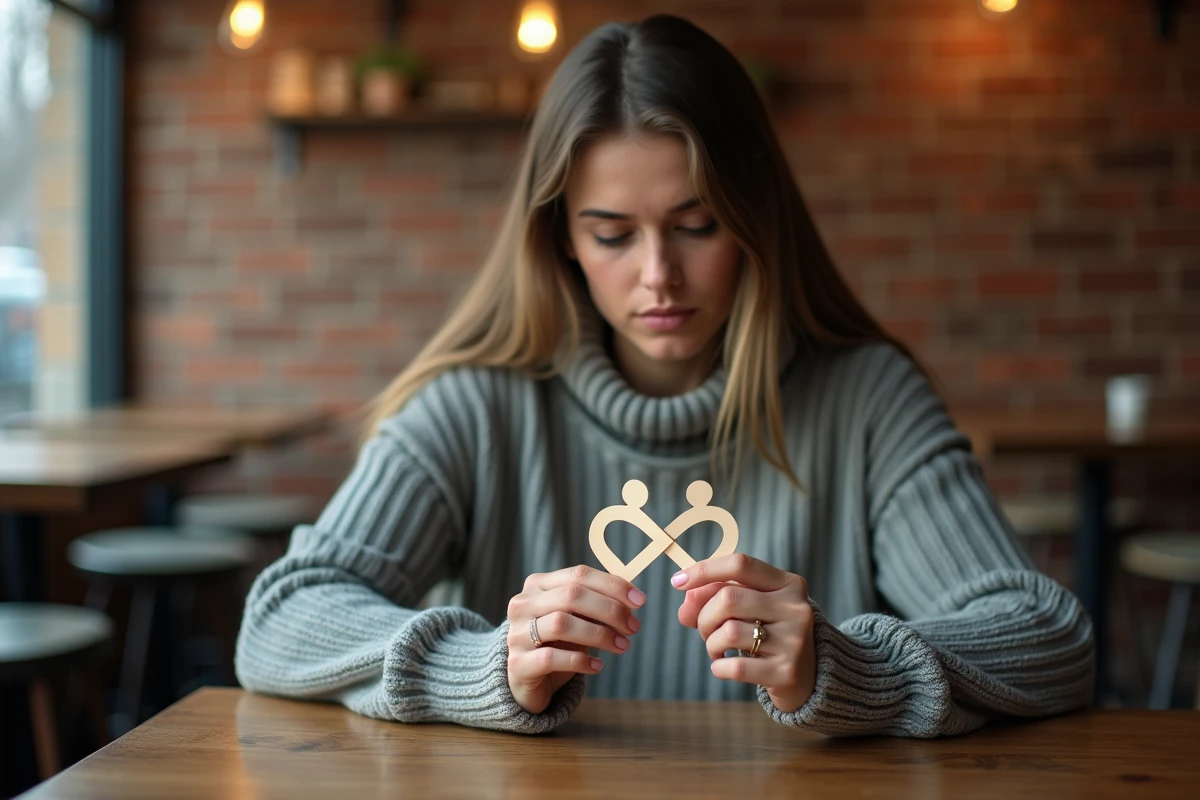 Femme contemplant deux figures entrelacées symbolisant une relation karmique de flamme jumelle dans un café