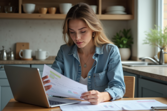 Jeune femme analysant ses factures et ordinateur dans la cuisine