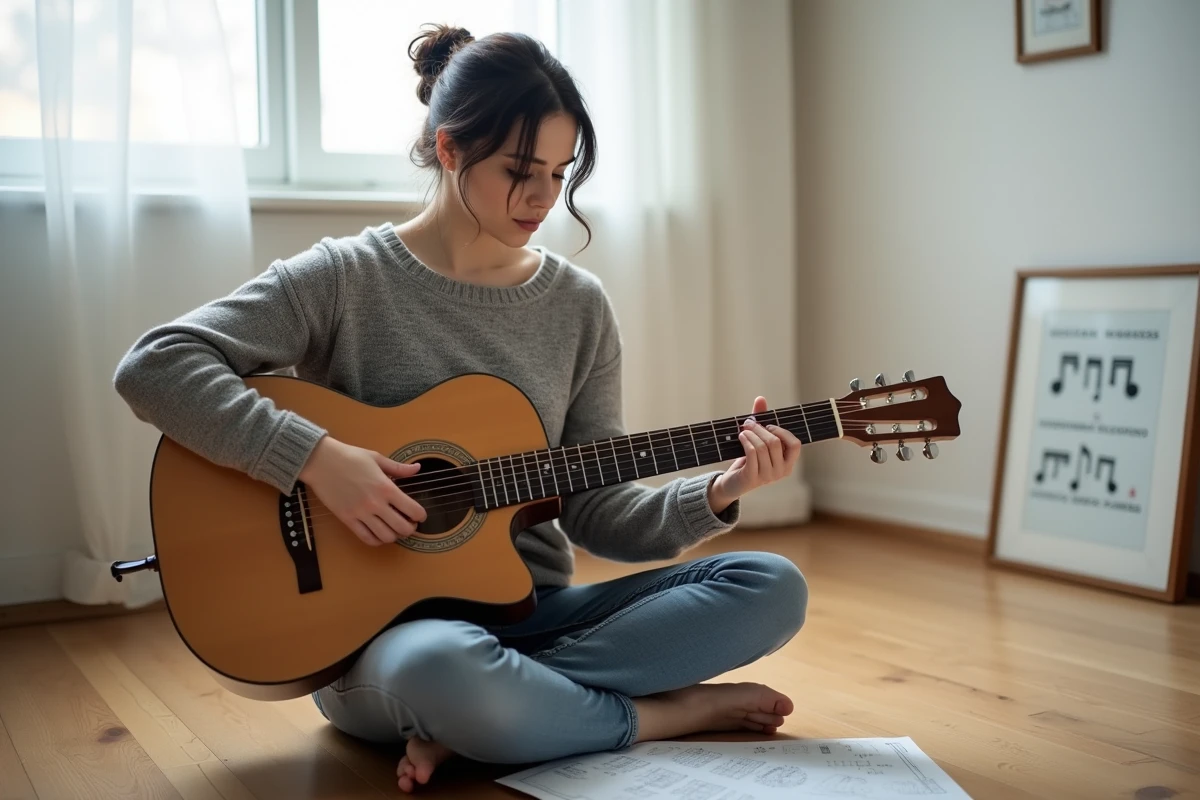 Femme apprenant l'intro de Je Te Promets à la guitare acoustique avec partition d'accords posée sur le parquet