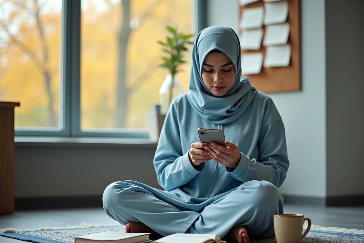 Jeune femme musulmane consultant les horaires de prière sur son téléphone dans une salle d'étude à Toulouse