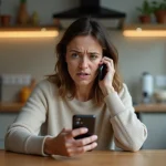 Femme inquiète recevant un appel téléphonique frauduleux affiché sur son smartphone avec un numéro inconnu 0270