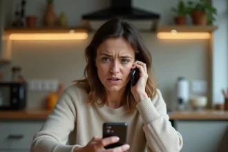 Femme inquiète recevant un appel téléphonique frauduleux affiché sur son smartphone avec un numéro inconnu 0270