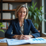 Femme d'âge moyen en costume analysant des documents financiers