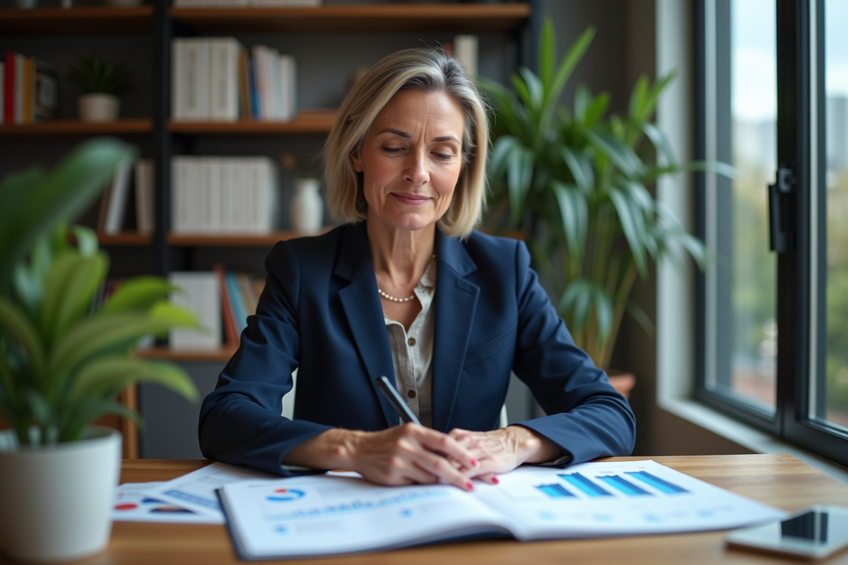 Femme d'âge moyen en costume analysant des documents financiers