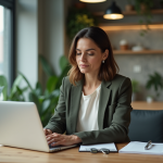 Femme en blazer regardant des rapports d'investissement durables