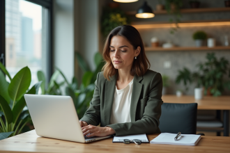 Femme en blazer regardant des rapports d'investissement durables