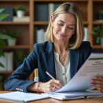 Femme d'âge moyen examinant une brochure d'investissements éthiques