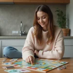Jeune femme souriante joue à Monopoly Go dans une cuisine moderne