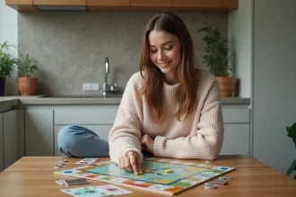 Jeune femme souriante joue à Monopoly Go dans une cuisine moderne