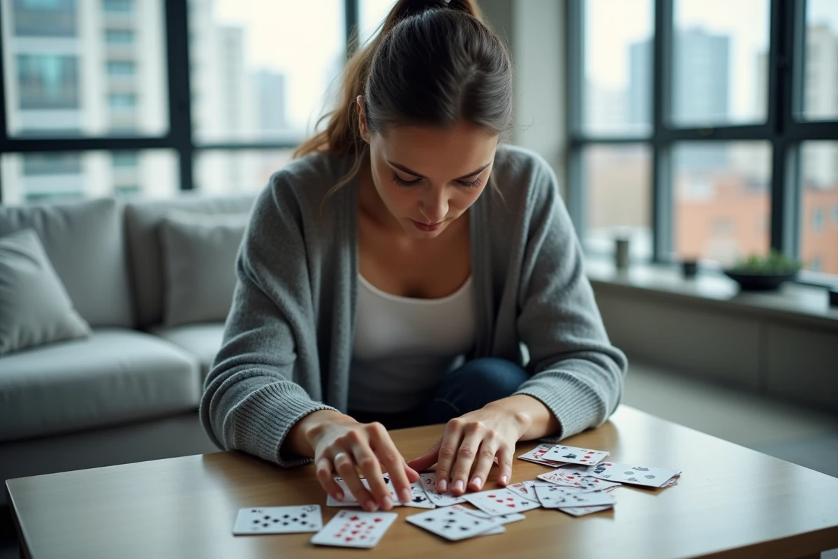 Femme adulte concentrée en train de poser une carte lors d'une partie de crapette sur une table basse dans un appartement moderne