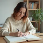 Femme écrivant des citations inspirantes dans un journal dans un bureau minimaliste cosy