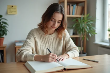 Femme écrivant des citations inspirantes dans un journal dans un bureau minimaliste cosy