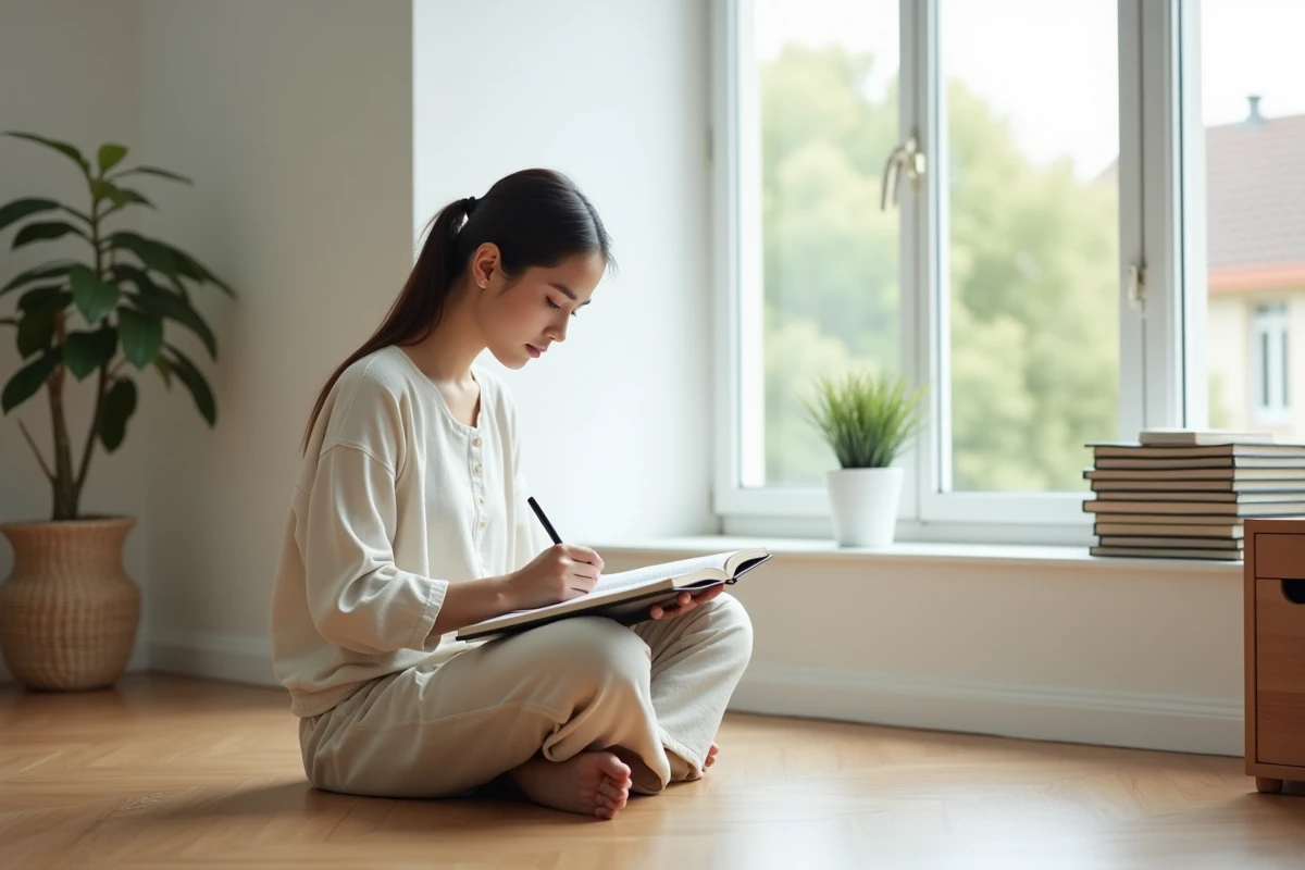 Jeune femme écrivant dans un journal intime pour comprendre les significations karmiques de sa relation toxique