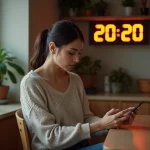 Femme pensant à la maison avec horloge 20h20