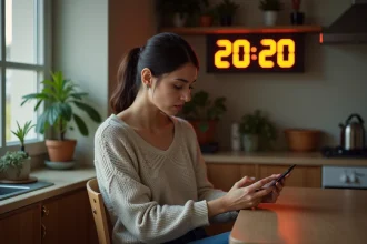 Femme pensant à la maison avec horloge 20h20