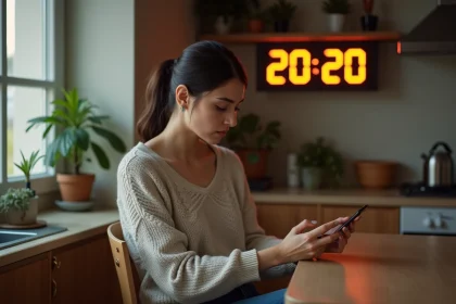 Femme pensant à la maison avec horloge 20h20
