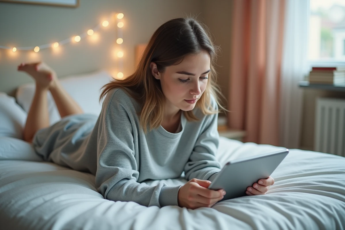 Jeune femme parcourant des scans de manga sur une tablette allongée sur son lit dans une chambre cosy
