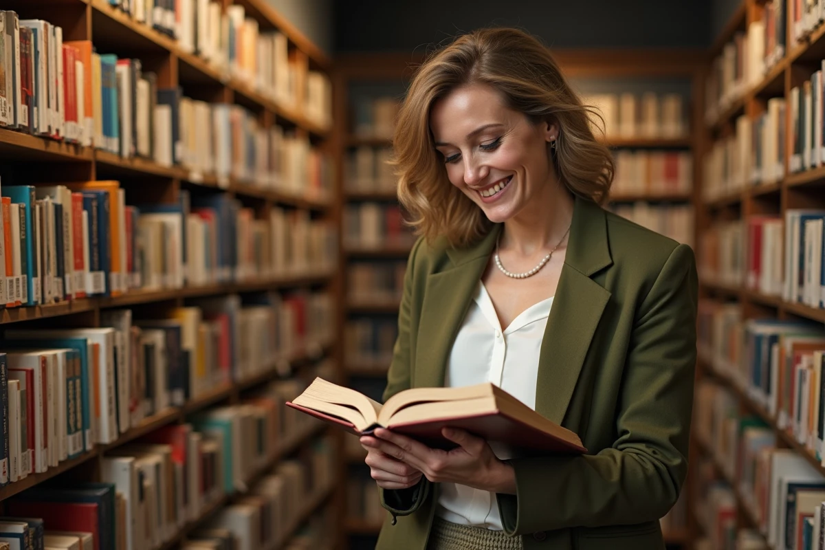 Femme souriante lisant un livre dans une librairie indépendante entourée d'étagères colorées