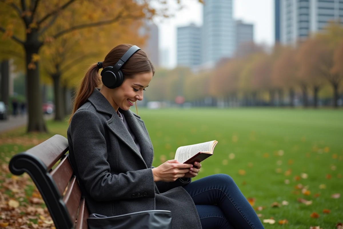Femme lisant scans de One Piece dans un parc urbain