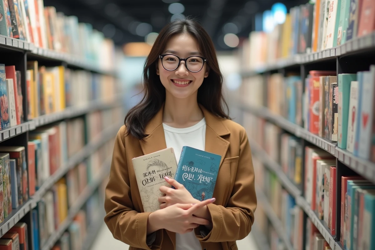 Femme souriante tenant un volume de manhwa en librairie