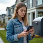 Jeune femme vérifiant sa boîte aux lettres devant sa maison