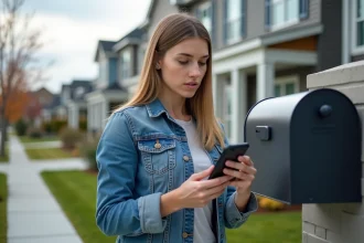 Jeune femme vérifiant sa boîte aux lettres devant sa maison