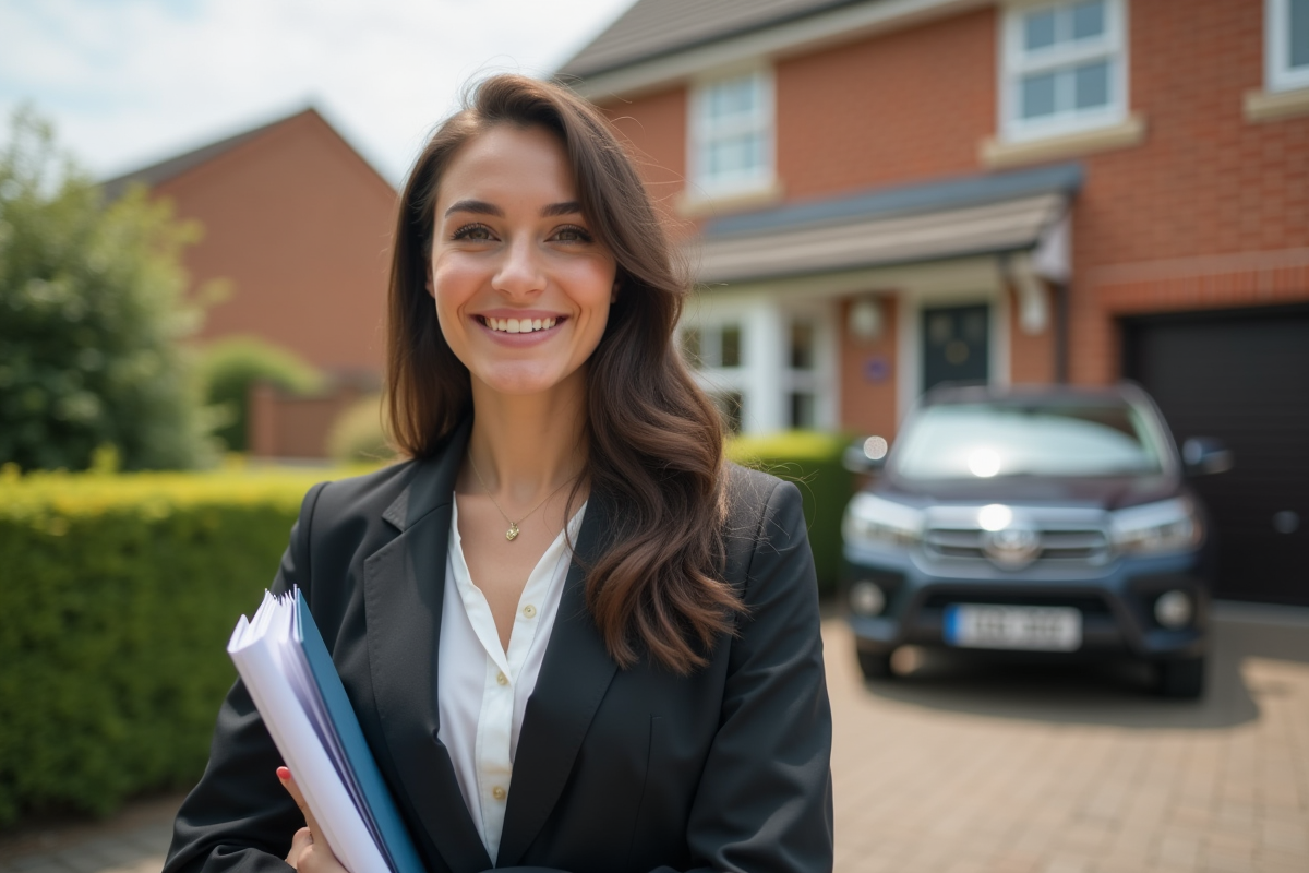 Jeune femme debout devant une maison neuve avec un dossier de mortgage