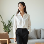 Jeune femme en blanc dans un salon minimaliste