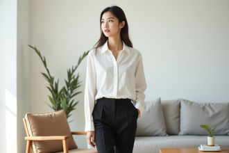 Jeune femme en blanc dans un salon minimaliste