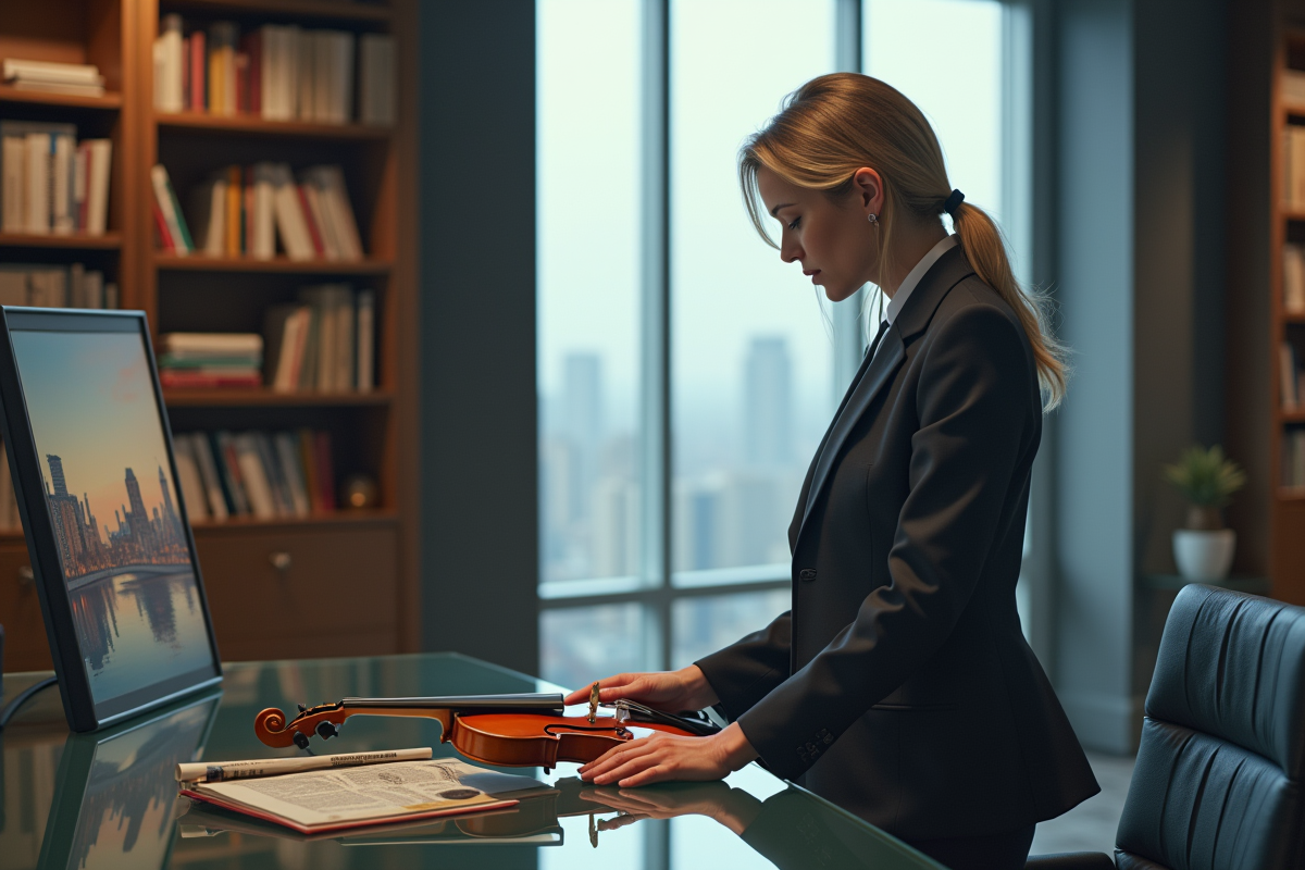 Femme en blazer observant un tableau et un violon dans un bureau moderne