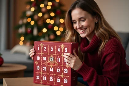 Femme ouvrant une case du calendrier de l'avent FDJ 2026 dans un salon décoré pour Noël