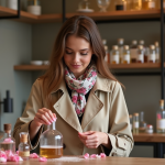 Femme en trench et foulard créant un parfum à Paris